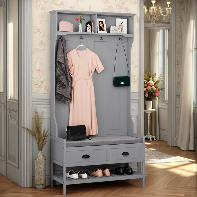 Versatile Hall Tree 16.5" W with Bench for Shoes,Coats and Bags, Gray