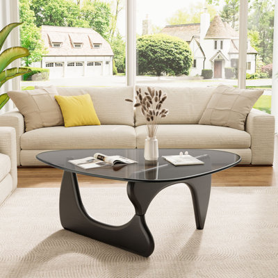 Modern Triangle Glass Coffee Table With Tempered Glass Top And Solid Wood Base, Mid-Century Living Room Center Table, Small Space Coffee Table
