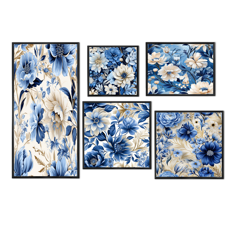 Buis - Ensemble de 5 impressions sur toile Boho, Cadre flottant noir