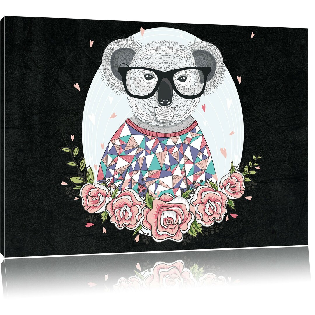 Leinwandbild Hipster Koala mit Rosen in Schwarz/Grau/Rosa