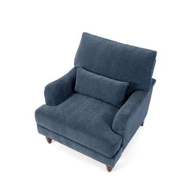 Upholstered Navy Nailhead Trim Accent Chair with Throw Pillow and Solid Wood Legs