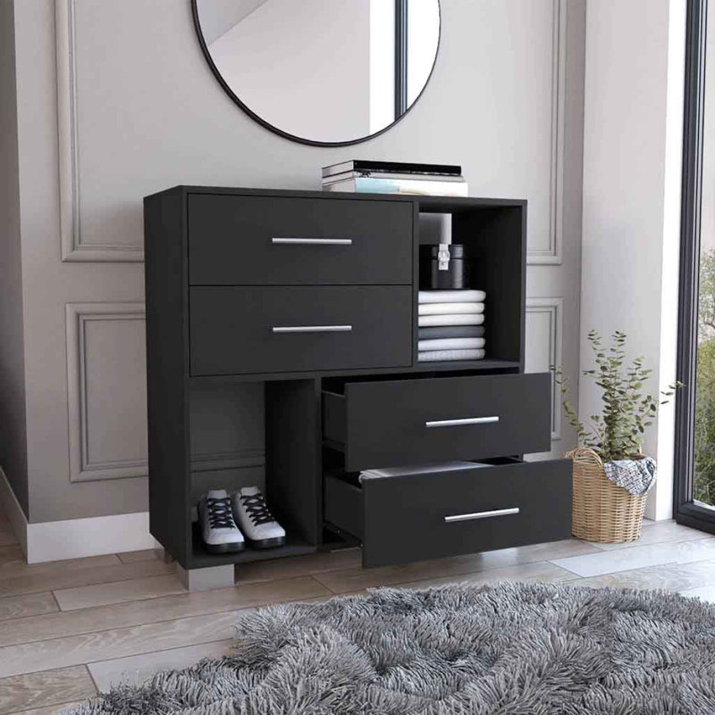 Commode Krista, deux tablettes ouvertes, quatre tiroirs