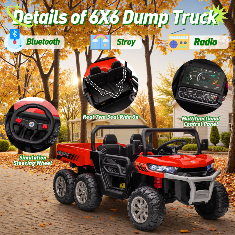 Camion à benne basculante 24V rouge avec télécommande, lit de travail et musique Bluetooth, Rouge