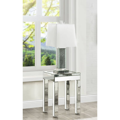 Mirrored End Table With Faux Diamond Trimmings, 4 - Inch Thick Table, Tempered Glass, 40lbs Load Limit Glamorous Acrylic Elements, Glass Top, Construction, 16x16x24 Inches