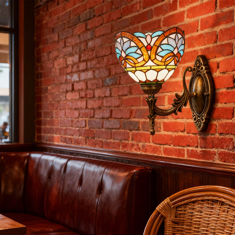Single  Light Tiffany Style Wall Sconce, Handmade Stained Glass Wall Lamp,Victorian Decorative Bedside Wall Light For Living Room Bathroom Hallway Reading