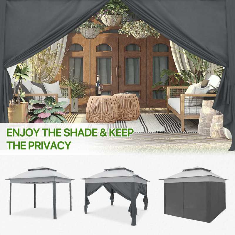 11 Ft. W x 11 Ft. D Pop Up Instant Steel Patio Gazebo with Solid Wall, Black, Gray
