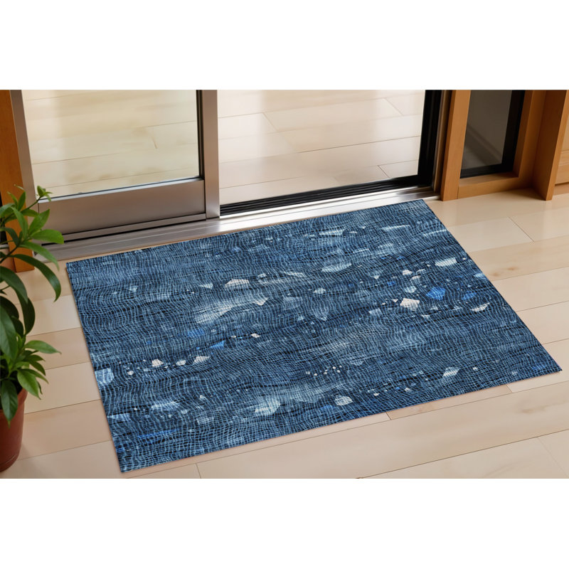 3' X 5' Blue And Ivory Abstract Washable Indoor Outdoor Area Rug