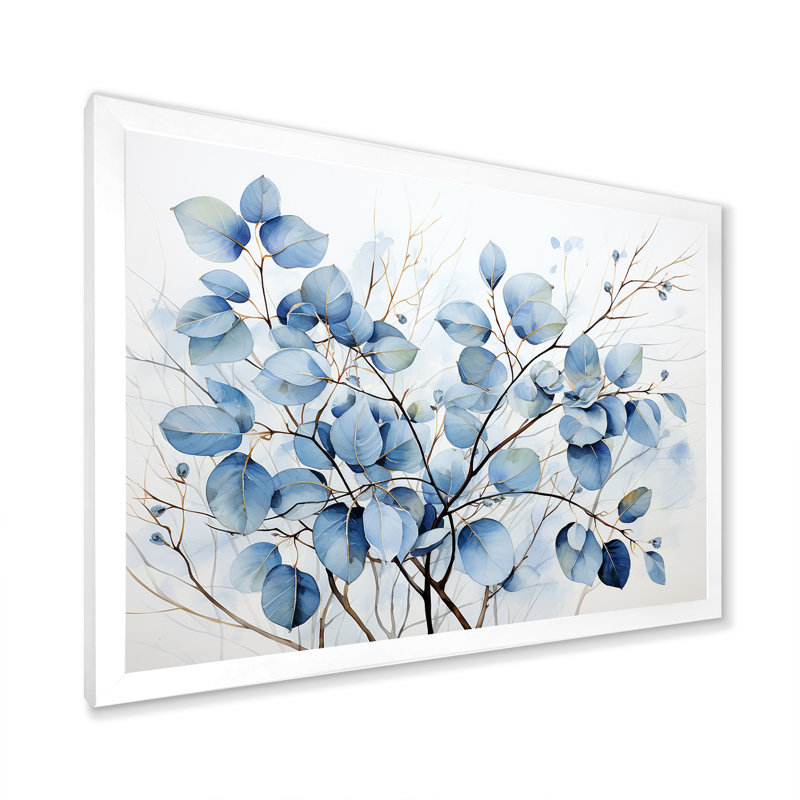 Art mural bleu et gris avec feuilles sur une branche III - feuilles, H 16 po x l 32 po x P 1 po, Cadre simple blanc