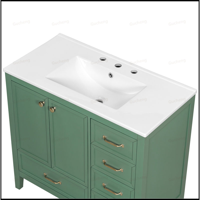 36"Solid Wood Frame Bathroom Vanity With 4 Drawers, Green