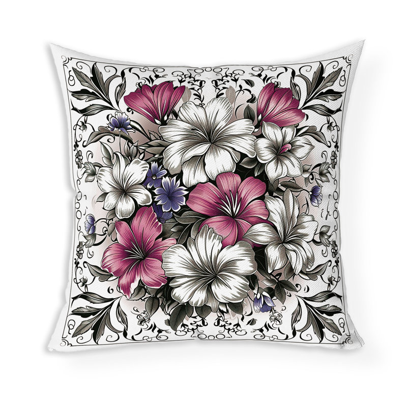 Coussin décoratif intérieur / extérieur Hibiscus Haven, H 18 po x l 18 po, Gris / Rose