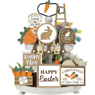 15 Pcs Easter Tiered Tray Decor Set Wooden Bunny Ornament Rustic Carrot Decorations Farmhouse Bunny Sign For Easter Gifting Table Home Decor