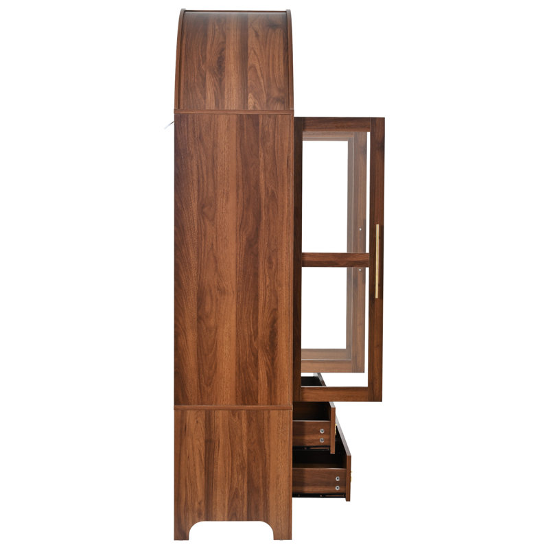 Tall Arched Pantry Cabinet with Three Glass Doors & Four Large Drawers, Brown