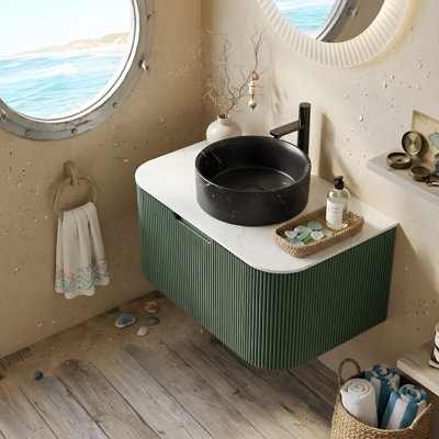 Meuble-lavabo 30 po, armoire de salle de bain en contreplaqué rayé à bords arrondis avec tiroir, lavabo rond en céramique noir mat et plateau en pierre frittée, pré-assemblé, couleur vert foncé