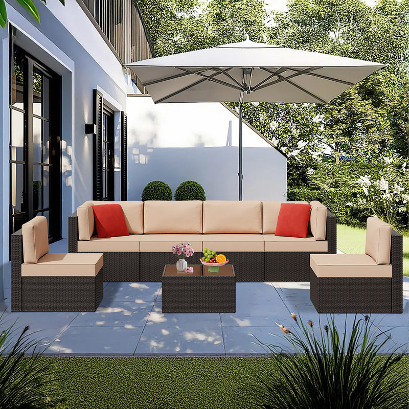 Arleht 7-Piece Wicker / Rattan Outdoor Sectional Seating Group with Cushions, Beige