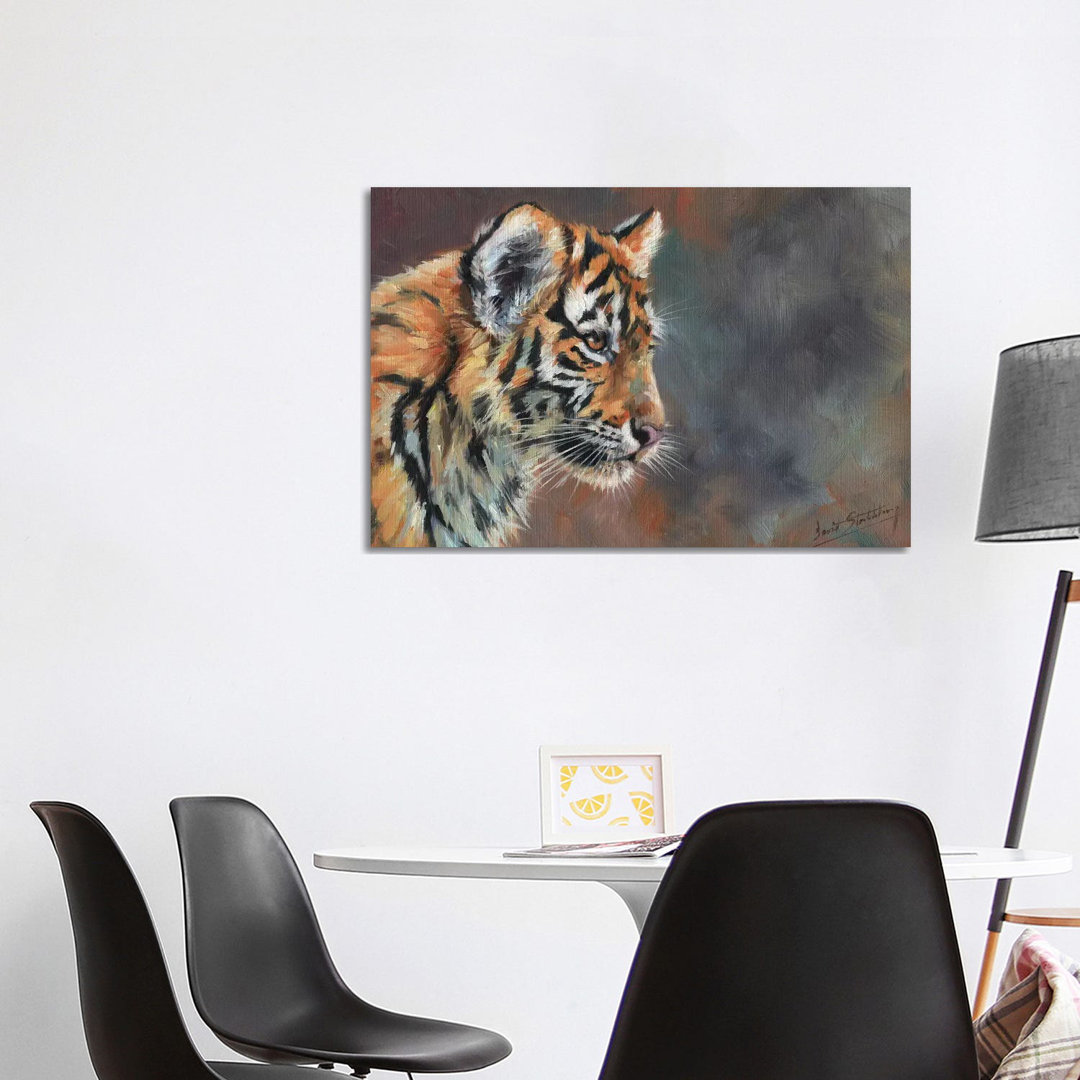 Tigerjunges Porträt in Öl von David Stribbling - Galerie-umwickelte Leinwand Giclée auf Leinwand