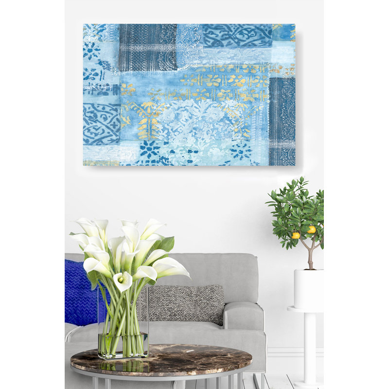 Alhambra Indego, bohémien, boho, doré, motifs, patchwork, bleu, cyan, bleu sarcelle, H 24 po x l 48 po x P 1,5 po