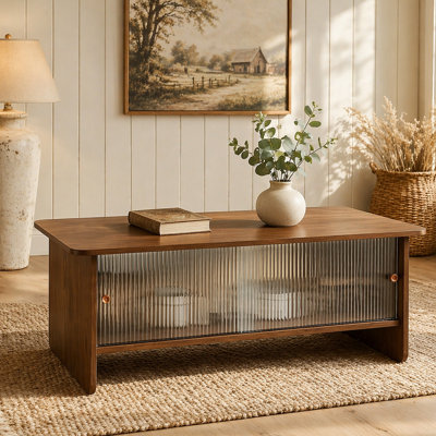 47-inch rectangular modern minimalist coffee table with a storage cabinet featuring glass sliding doors, suitable for living rooms, bedrooms and offices, easy to assemble, brown