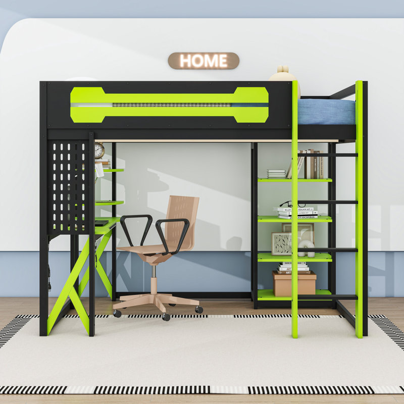 Lit mezzanine double avec bureau, lumière DEL RVB, station de charge, tablettes et panneau perforé, Noir / Vert