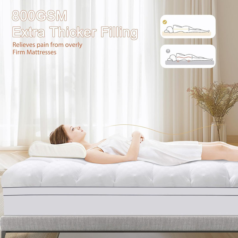 Quilted Mattress Topper For Back Pain Mattress Topper Mattress Protector Extra Thick Mattress Pad Cover Fluffy Mattress Cover Machine Washable(White)