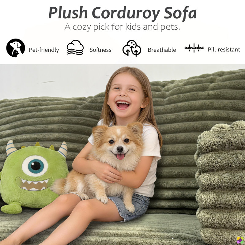 Gus 102.4"W/ 70.8"W 2-Piece 4 Seaters Convertible Corduroy Sofa, 1000 LBS Weight Capacity, Olive Green Plush Corduroy Fabric