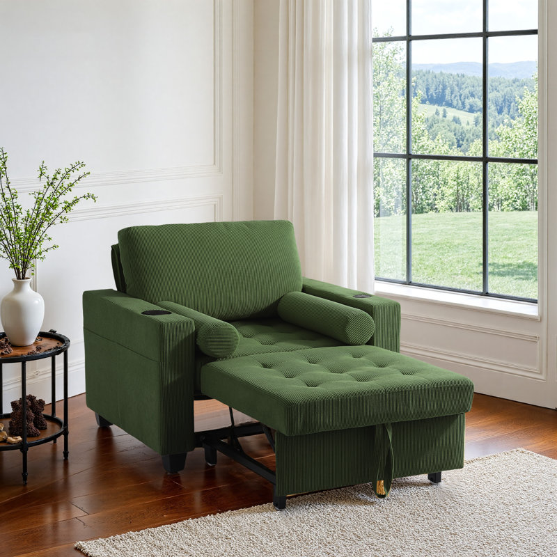 Convertible Green Corduroy Tufted Sofa Bed Chair 3-In-1 Pull Out Multi-Functional Sleeper Single Chair Bed With 2 Soft Pillows, USB Outlet and  Cup Holder
