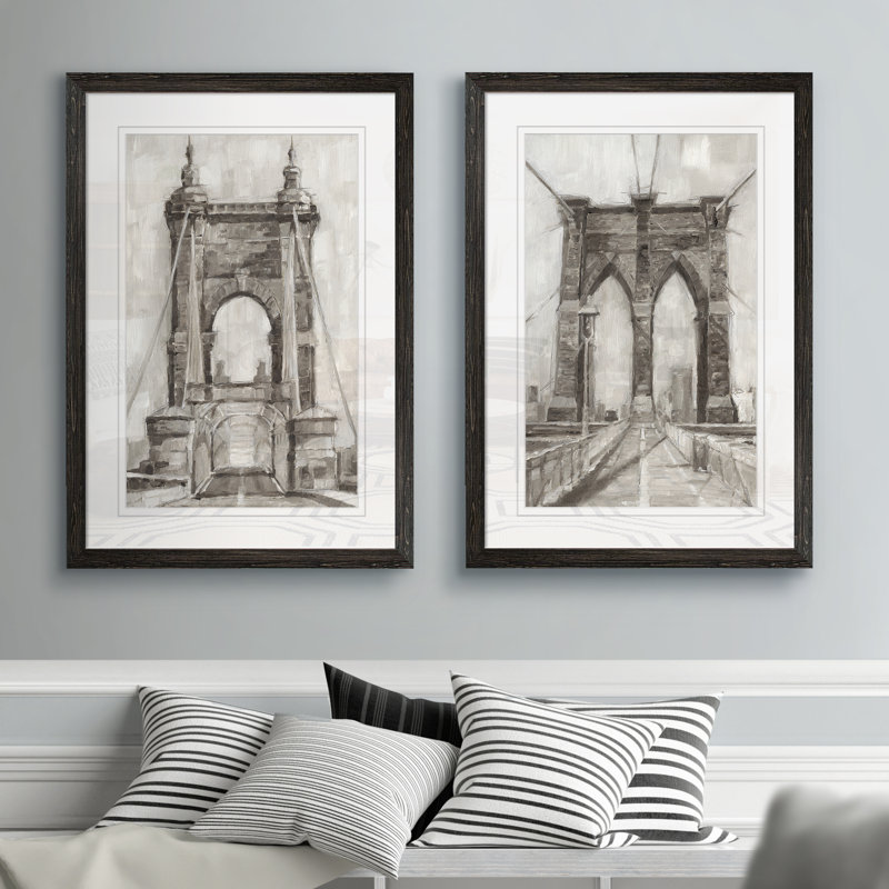 «Bridge Crossing I», ensemble de 2 reproductions d'art encadrées, H 20 po x l 16 po x P 1,25 po, Cadre ébène, Blanc
