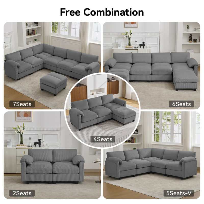 Canapé modulaire 5 places avec accoudoirs coussinés, Chenille grise, 5 Seat