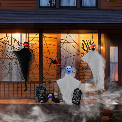 8PCS, décoration d'Halloween, fantômes suspendus, toile d'araignée et pierre tombale aux yeux illuminés