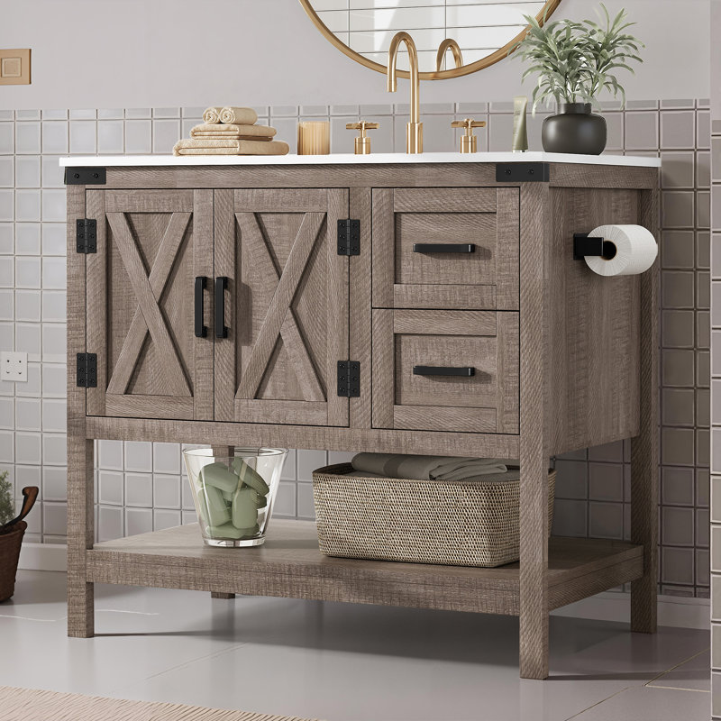 Ensemble de meuble-lavabo de salle de bain avec lavabo 36,6 po Chimira, gris rustique, Light Gray, 36", Acrylique blanc uni