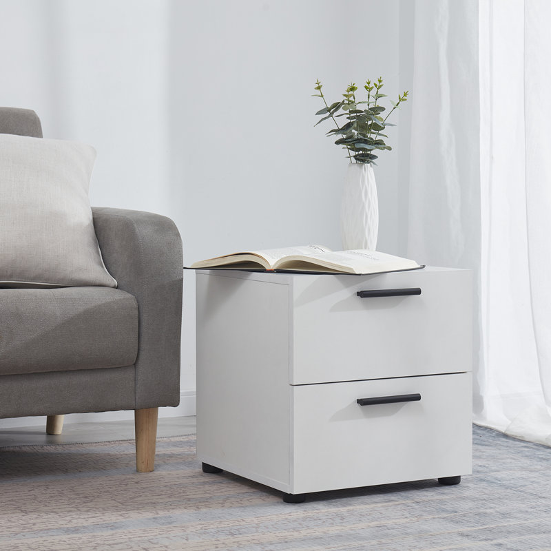White Chipboard 2-Drawer Nightstand with Black Handles