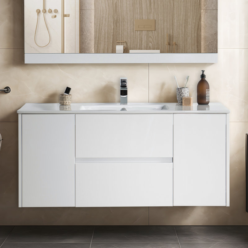 Ensemble de meuble-lavabo flottant 48 po avec lavabo en céramique, tiroirs en U à fermeture en douceur - blanc brillant, fabrication en bois