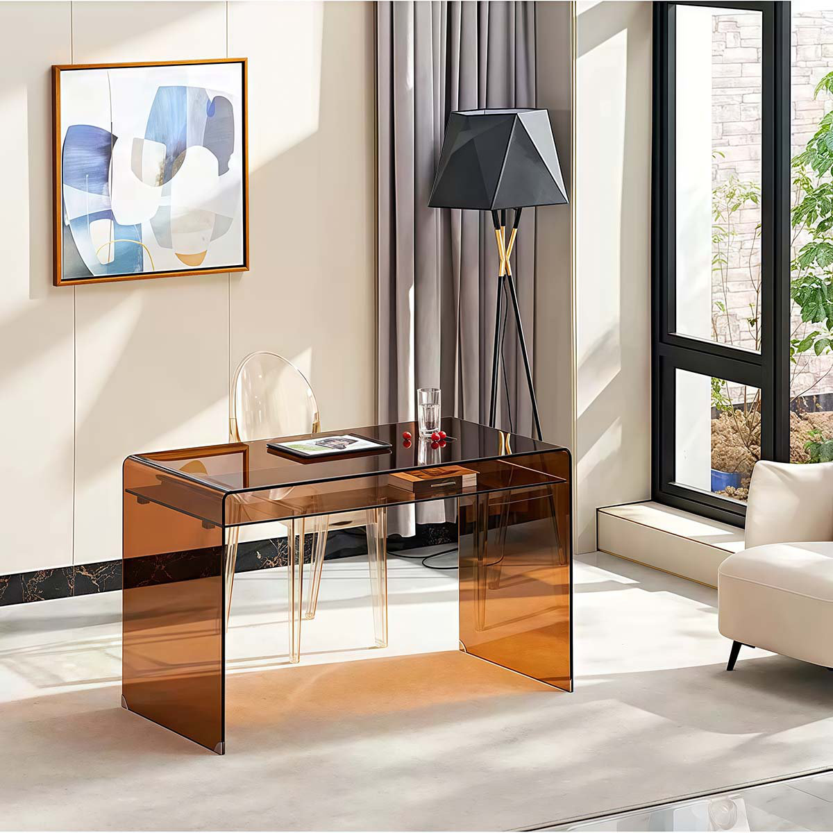 Tempered glass desk, dark brown glass  desk