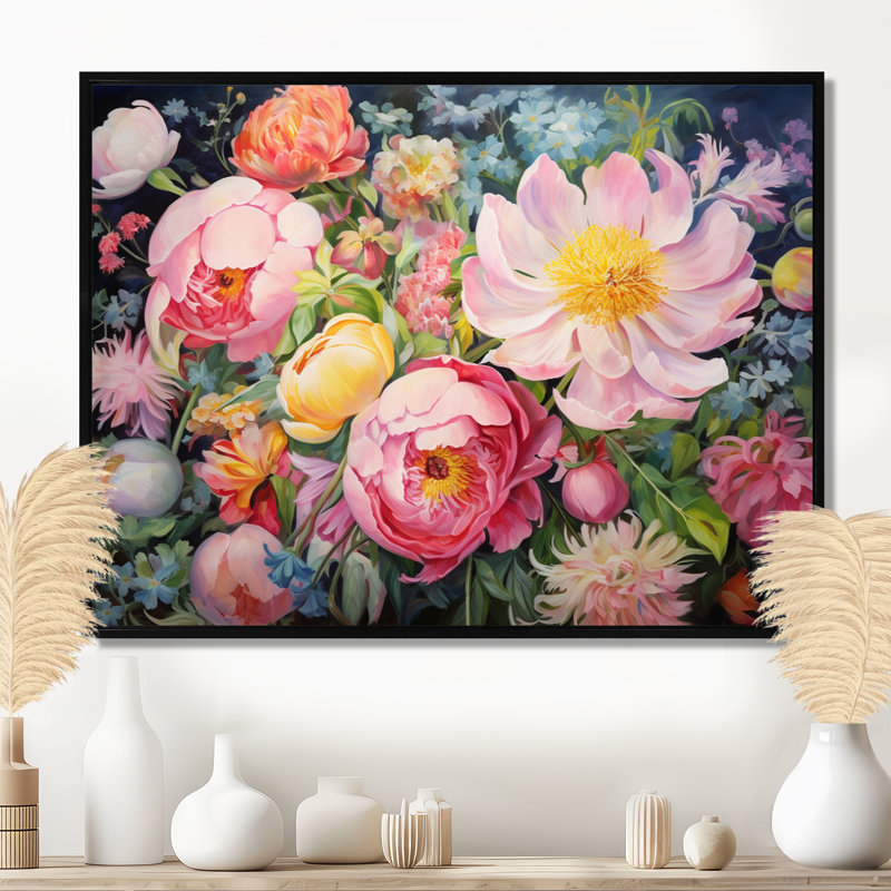 «Blossoming Spring Flowers - Wildflowers», art mural, H 16 po x l 32 po x P 1 po, Toile avec cadre flottant noir