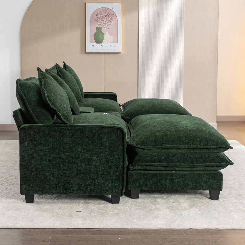 Canapé modulaire de 111 po, revêtu de chenille, double coussin, deux porte-gobelets amovibles, de charge et de rangement pour le salon