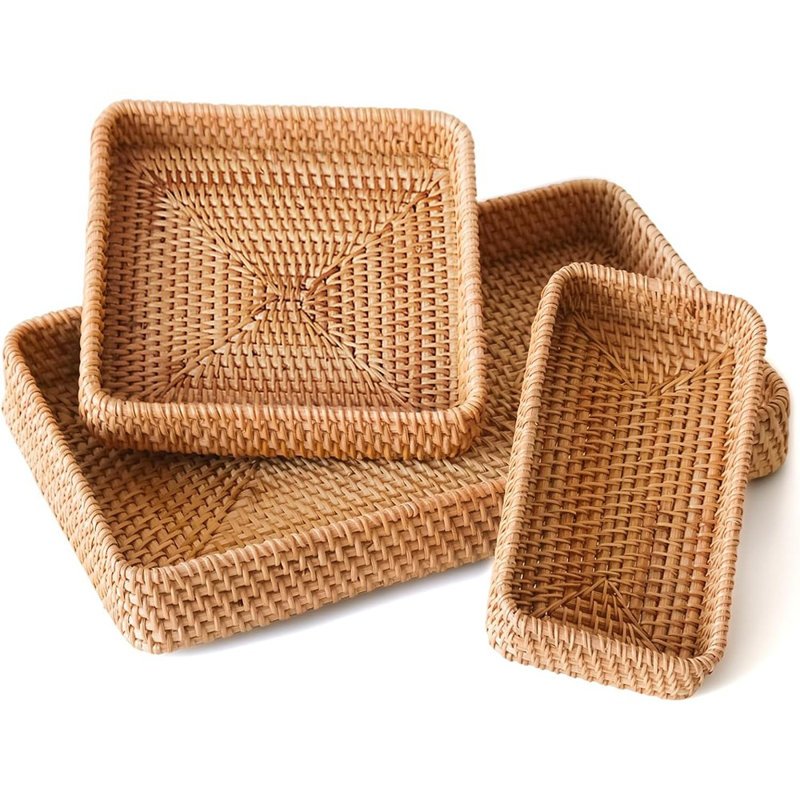 Rattan Serving Tray, Rectangle Basket Set Of 3, Wicker Storage And Organizing Baskets, Natural Decorative Woven Tray For Home Decor, Bathroom, Kitchen Counter