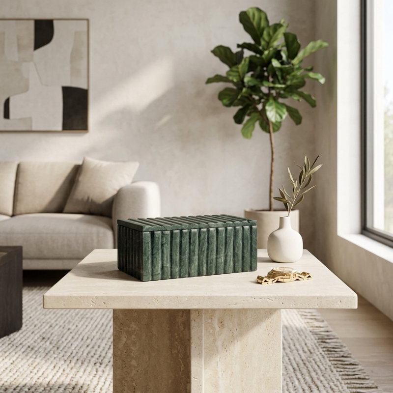 Boîte décorative rectangulaire striée en marbre avec couvercle amovible, Vert