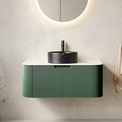 Meuble-lavabo de salle de bain, armoire de salle de bain en contreplaqué rayé à bords arrondis avec tiroir, vasque en céramique noire matte et plateau en pierre frittée, pré-assemblé