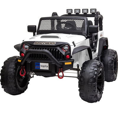 Alex Kids 12V Electric Ride On Car SUV Truck with Remote Control, Light, Music, Safety Belt, Spring Suspension, White