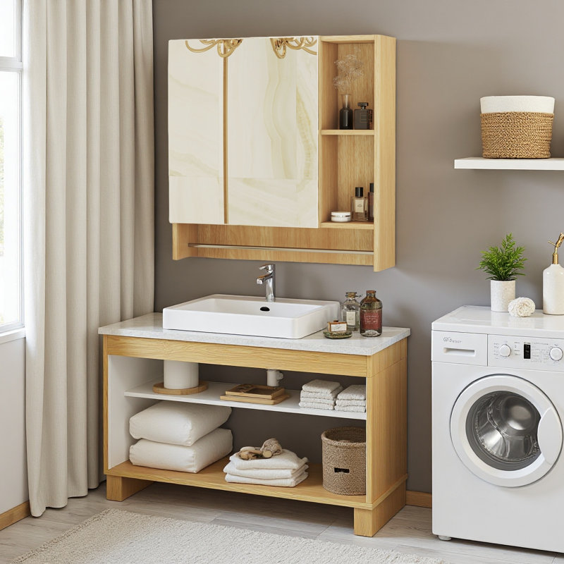 Armoire à pharmacie de salle de bain avec miroir 2 en 1 avec 4 compartiments de rangement et porte-serviettes