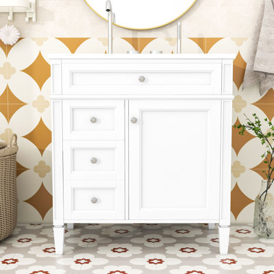 Sriyaan Bathroom Vanity with Ceramic Top, Bathroom Storage Cabinet with 2 Drawers and Tip-out Drawer