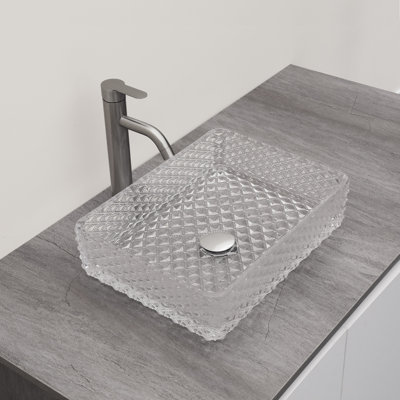 Lavabo de salle de bain vasque rectangulaire en verre cristal 17-1 / 2 po avec bonde escamotable Chrome