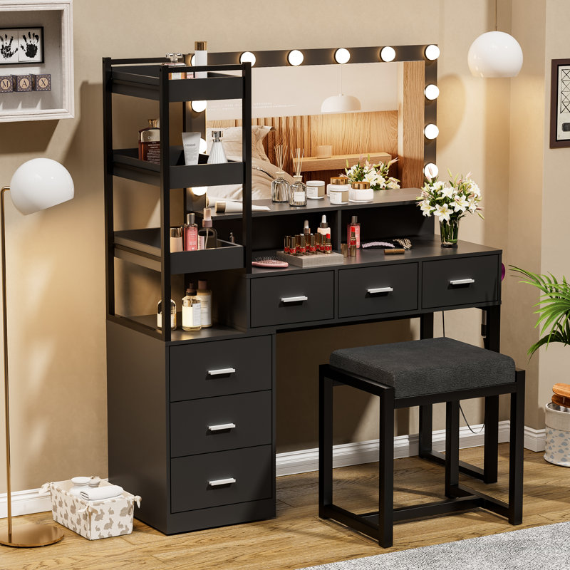 Ensemble coiffeuse avec miroir lumineux Ipava, Noir / brun