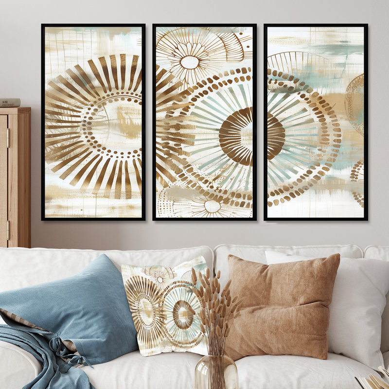 Ensemble de salon art mural beige boho bohémien mandala spirale I - Boho, H 28 po x l 36 po x P 1 po, Cadre flottant noir