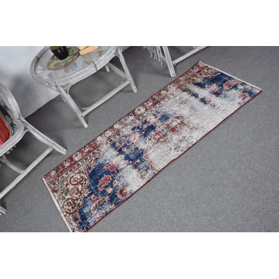 Small Navy Wool Turkish Anatolian Rug Perfect for Kitchen - Vintage and Faded Design 10109