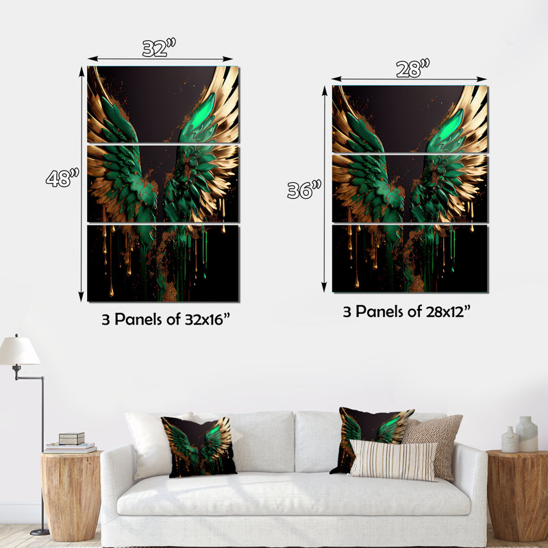 Ensemble d'illustrations murales sur toile vert et or Angel Wings I - Wings Angel, H 48 po x l 32 po x P 1 po