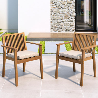 Chaise de salle à manger d'extérieur 2 pièces, en bois, avec une conception ergonomique confortable, des coussins lavables imperméables, une capacité de poids de 400 lb, s'adapte aux patios et aux jardins, patio à deux simple à assembler, bois