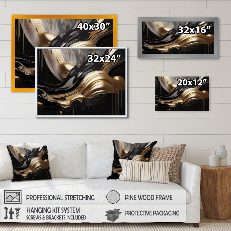 Marbre captivant doré et noir II - art abstrait sur toile marbrée, Cadre photo unique, H 34 po x l 44 po, Noir