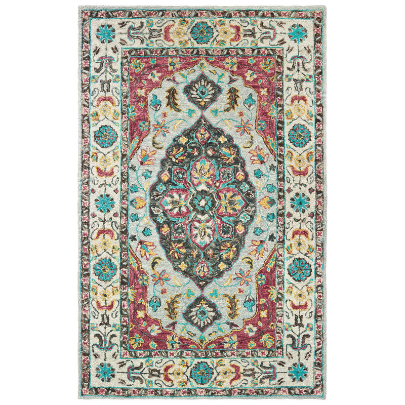 Tapis gris / rose en laine touffeté à la main Imogène, Rectangle 5 pi x 8 pi