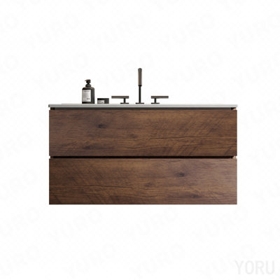36" Wall Mount Walnut Bathroom Vanity With Ceramic Sink With Three Faucet Holes, Large Storage Floating Bathroom Vanity For Modern Bathroom, Pre-Assembled