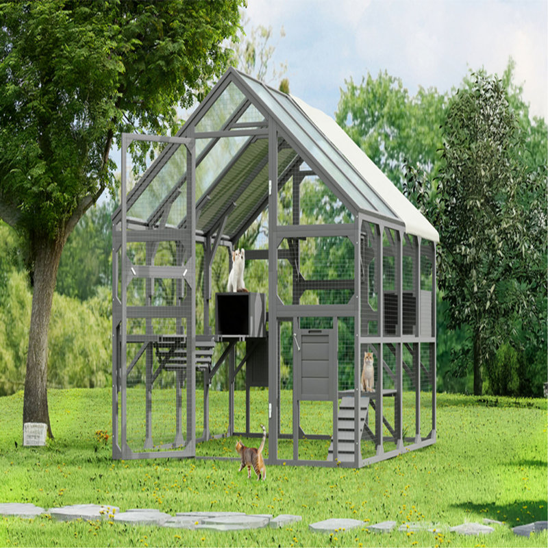 Grande enceinte pour chat pour plusieurs chatons, maison pour chat en bois avec 7 plateformes, 2 boîtes de repos, 1 pont et 1 rampe, cage de cage pour chat avec toit en panneau solaire